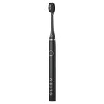 Black Gleem battery-powered toothbrush shown upright on a plain white background, product-only studio shot.