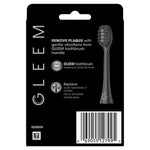 Back of black Gleem replacement brush head packaging with product text, icons and barcode
