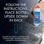 Hand placing an upside-down Glisten dishwasher cleaner bottle into a dishwasher rack with usage text.