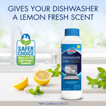Glisten dishwasher cleaner bottle on a kitchen counter with lemon halves, mint leaves, and a Safer Choice badge