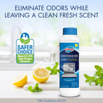 Single Glisten dishwasher cleaner bottle on a countertop with lemons, mint, and Safer Choice certification badge.