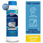 White plastic bottle of Glisten dishwasher cleaner with blue label showing an open dishwasher and lemon scent badge