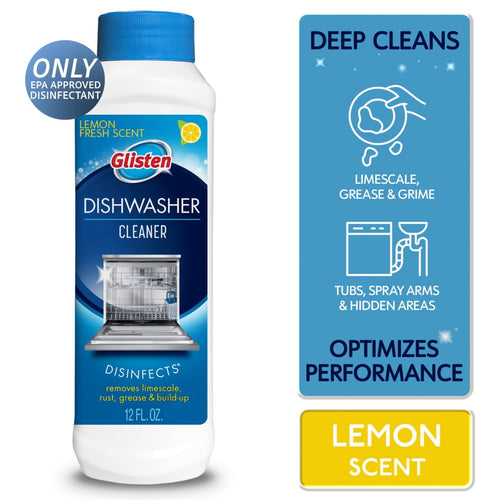 White plastic bottle of Glisten dishwasher cleaner with blue label showing an open dishwasher and lemon scent badge