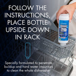 Hand placing an upside-down Glisten dishwasher cleaner bottle into a dishwasher lower rack with instructional text overlay