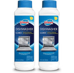 Two upright Glisten dishwasher cleaner bottles with lemon icon and dishwasher graphic on label.