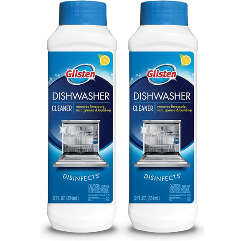 Two upright Glisten dishwasher cleaner bottles with lemon icon and dishwasher graphic on label.