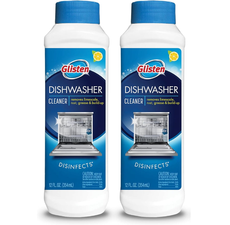 Two upright Glisten dishwasher cleaner bottles with lemon icon and dishwasher graphic on label.