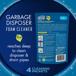 Graphic circle showing Glisten Garbage Disposer foam cleaner back-of-package and text noting 'reaches deep to clean' and '4 cleaning packets'.