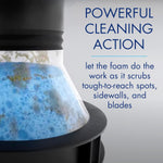 Close-up rendering of blue foamy cleaning action inside a disposer with overlay text ‘Powerful Cleaning Action’.