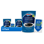 Packaged Glisten garbage disposer cleaner pouches and a single cleaning packet displayed with a 6 Pack banner.