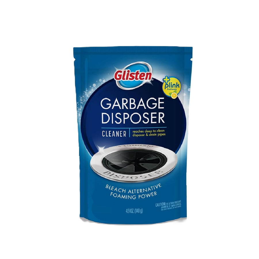 Glisten garbage disposer cleaner blue resealable pouch showing disposer opening graphic and product name