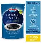Glisten garbage disposer cleaner pouch with blue packaging, disposer drain graphic, and lemon scent callout