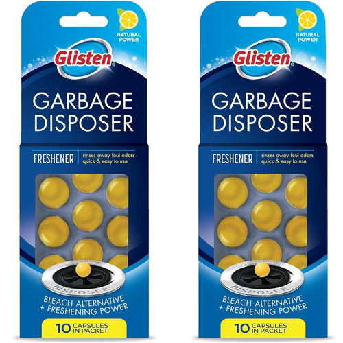 Two identical Glisten Garbage Disposer freshener blister packs showing yellow lemon-scent capsules in blue packaging.