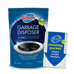 Front-facing Glisten Garbage Disposer cleaner pouch next to a Glisten cleaning packet on a white background.