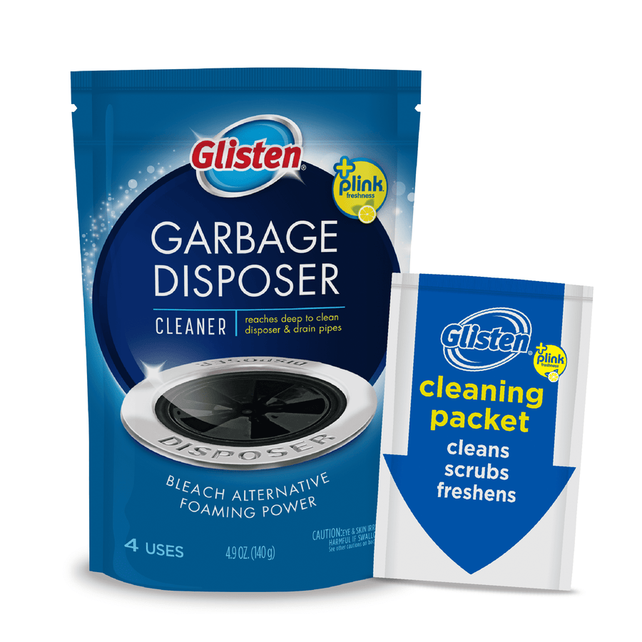 Front-facing Glisten Garbage Disposer cleaner pouch next to a Glisten cleaning packet on a white background.
