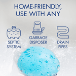 Graphic icons and headline 'Home-friendly, use with any' showing septic system, garbage disposer and drain pipes with blue foam in sink.