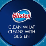 Bold Glisten logo on a dark blue circular background with the phrase “Clean what cleans with Glisten”