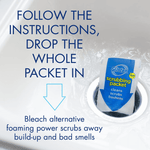 Instructional image showing a Glisten scrubbing packet being dropped into a sink drain with instructional text and arrow.