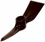 Gloss-coated mattock head showing pointed pick on one side and broad blade on the other