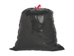 Glossy black tied trash bag with a red drawstring shown on a white background