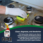 Hand wearing a glove scrubbing a greasy stovetop with a sponge and RMR degreaser bottle graphic at the corner