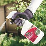 Gloved hand holding and spraying Captain Jack's Insecticidal Super Soap ready-to-use spray bottle onto foliage