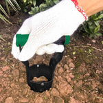 Gloved hand holding a black and green bulb planter inserted into soil, ready to extract a plug