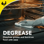 Gloved hand wiping inside an oven with a cloth, overlaid text reads ‘DEGREASE’ and benefit copy