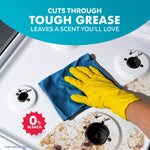 Gloved hand wiping stovetop grime with a cloth under headline claiming it cuts through tough grease, product graphic not visible.