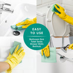 Collage showing yellow-gloved hands cleaning a sink, toilet seat, shower and bathtub with green cloths and 'Easy to use' callout