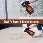Hands wearing gloves spraying Rust-Oleum Whink bottle on indoor tile and outdoor surface