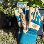 Teal-and-tan gardening gloves propped on grass beside a black plant pot, Expert Gardener logo at top of the image.
