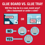 Red infographic titled 'GLUE BOARD VS. GLUE TRAY' showing basement and under-sink icons and guidance illustrations for trap choice
