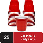 Stacked red mini plastic shot cups with one cup in front and a label reading "25 2oz Plastic Party Cups"