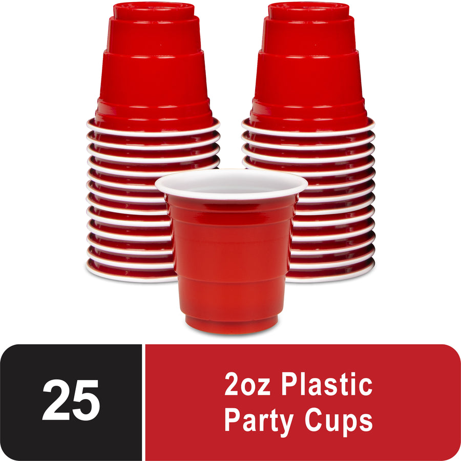 Stacked red mini plastic shot cups with one cup in front and a label reading "25 2oz Plastic Party Cups"