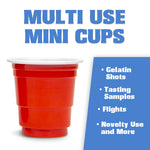 Single red mini plastic cup on a white background with blue panel listing uses like gelatin shots, tastings, and flights