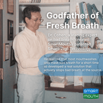 Vintage-style photo of a man in an office with overlay text calling him the 'Godfather of Fresh Breath' and SmartMouth branding