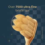 Gold toothbrush head with a magnified circular inset showing ultra-fine bristle tips and copy about over 7500 ultra-fine bristle tips