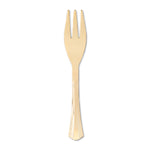 Single gold disposable mini fork photographed on a white background showing fork tines and decorative handle