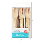 Front of clear boxed gold mini forks with label and printed dimensions indicating 3" by 6" next to the pack