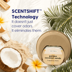 Scent Theory refill bottle labeled Golden Coconut Sands staged with tropical props and text about SCENTSHIFT technology