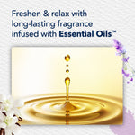Golden oil droplet splashing into pool of oil with text promoting essential oil infused long-lasting fragrance