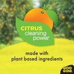 Citrus cleaning power badge artwork with an orange and leaf and text ‘made with plant based ingredients’
