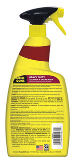 Rear view of yellow Goo Gone Heavy Duty Cleaner & Degreaser bottle showing directions, warnings and barcode