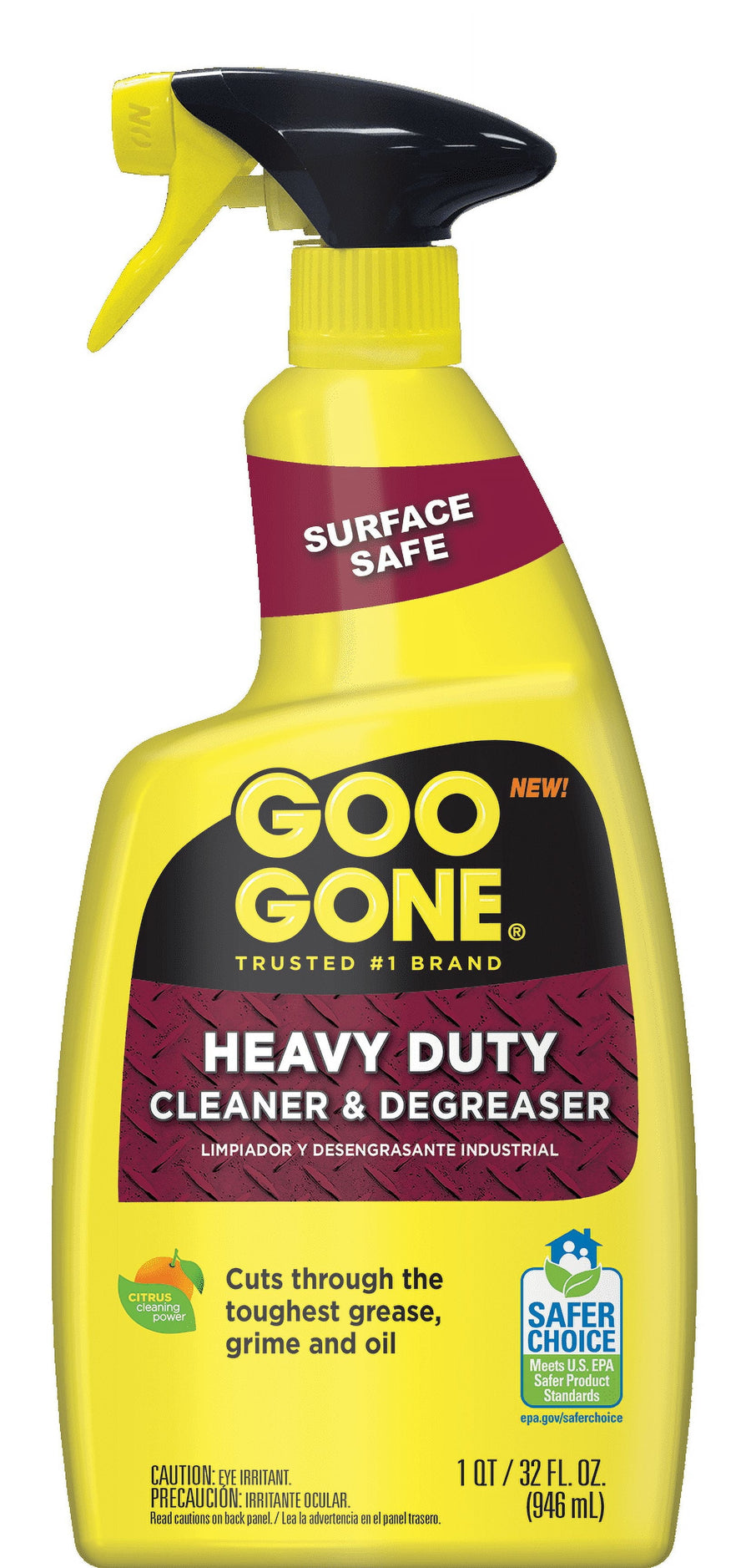 Yellow Goo Gone Heavy Duty Cleaner & Degreaser spray bottle front label showing product name and Safer Choice badge