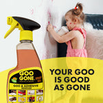 Lifestyle image of a Goo Gone spray gel bottle with a child drawing on a wall and bold text 'YOUR GOO IS GOOD AS GONE'.