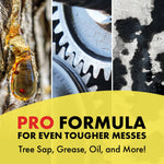 Promotional panel with close-up images of tree sap, metal gears and oil and bold text reading 'PRO FORMULA for even tougher messes'