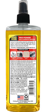 Back label of a Goo Gone Pro-Power bottle with usage instructions, icons and barcode visible on the yellow bottle