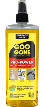 Close-up front label of a Goo Gone Pro-Power pump bottle showing yellow liquid and product branding