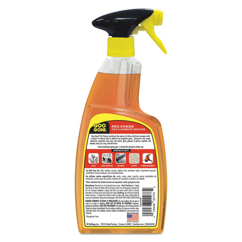 Rear view of a transparent Goo Gone Pro-Power spray gel bottle showing product label, directions and a yellow trigger sprayer